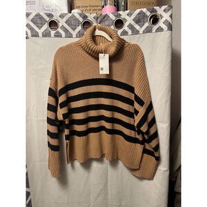 NWT Quince 100% Organic Cotton Camel Black Stripe Skimmer Sweater Turtle Neck LG